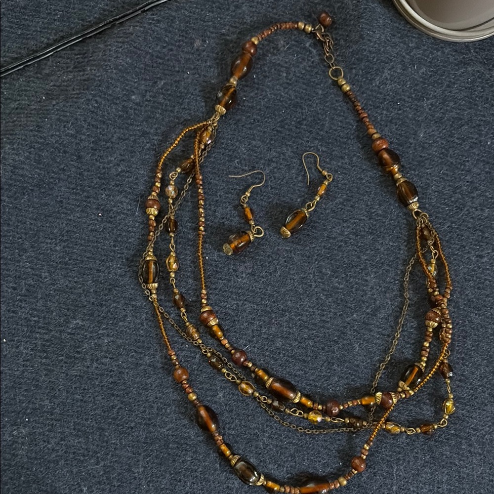 Elegant Brown Beaded Necklace and Earring Set
